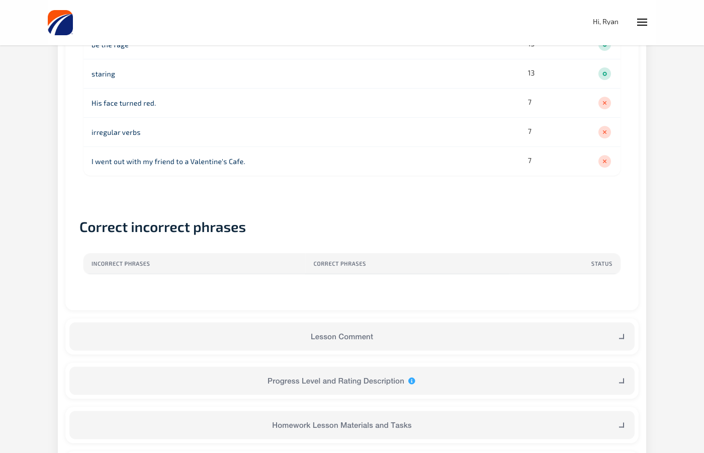 Correction pairs table from a completed session